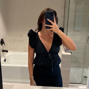 Free people Black Ruffled V-Neck short sleeve Top